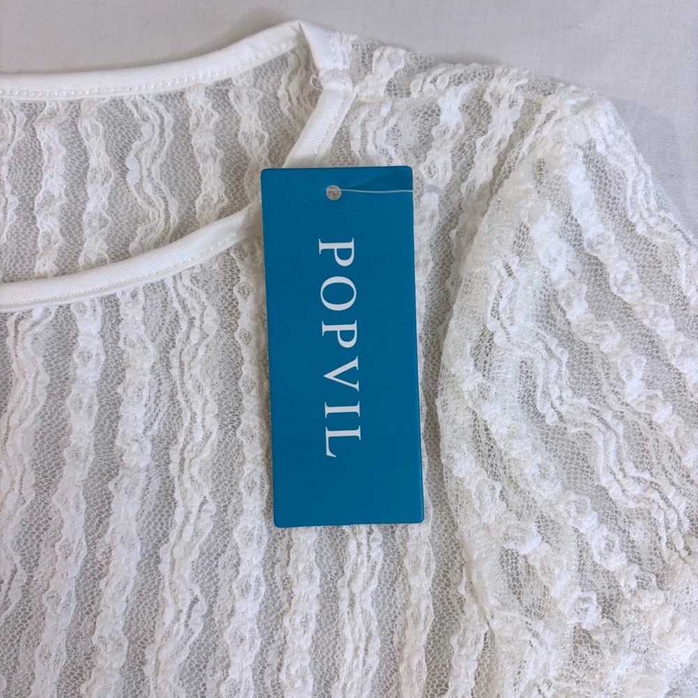 Popvil White Lace Ruched Swim Cover Up Top Short Sleeve Sheer Floral Small New - Picture 9 of 13